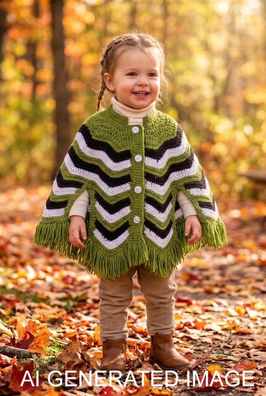 Vintage Handmade 1970s Crocheted Toddler Poncho Green Black White Chevron Retro*